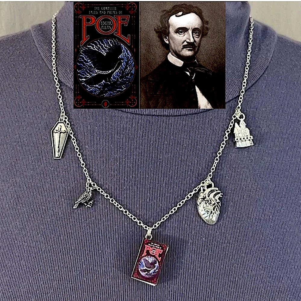 Edgar Allan Poe Stories & Poems Handmade Literature Charm Necklace, Raven, Heart